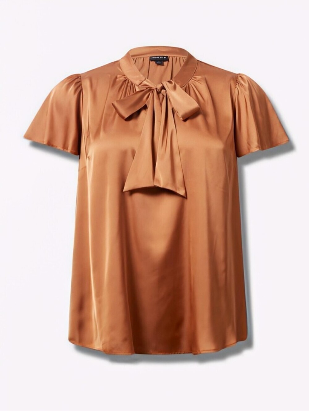 Torrid Caramel Satin Tie Neck Flutter Sleeve Blouse Size 2 (2X)